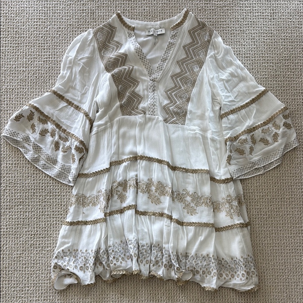 🤍🌴 Hale Bob White Gauze Gold Embroidered Tunic Dress Medium